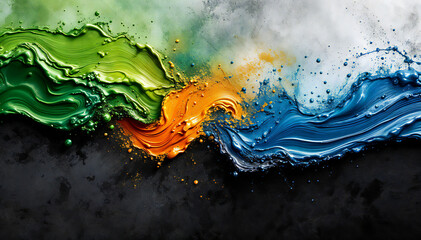 Wall Mural - Colorful abstract waves and paint splashes in shades of blue, orange, green, and yellow against a dark background..