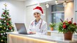 © engincan - cheerful female doctor /nurse wearing a Santa hat, welcoming patients with a smile at a festively decorated front desk, creating a warm and inviting holiday atmosphere