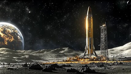 Poster - Rocket launch preparations for lunar exploration in a futuristic landscape