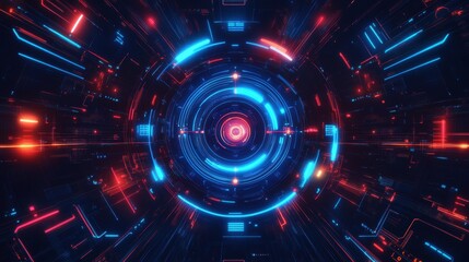  - Abstract digital tunnel with vibrant blue and red lights, suggesting technology and motion.