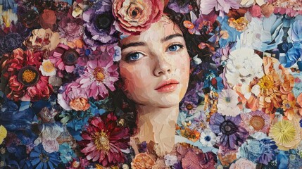 Poster - A young woman with enchanting blue eyes gazes calmly forward, her face framed by an array of colorful flowers