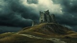 Ruined castle on a hill under stormy sky.