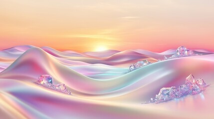 Poster - A serene landscape of colorful, flowing hills with sparkling crystals under a pastel sunset.