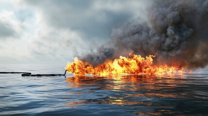 Poster - A fireboom being deployed in a controlled burn of oil on the waters surface providing a more environmentally friendly od of cleanup for certain types of oil spills.