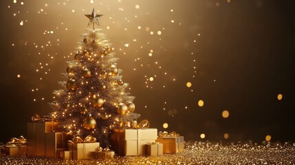 Wall Mural - christmas tree with golden decorations and gifts on sparkling background