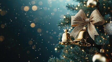 Wall Mural - golden christmas bells hanging on decorated christmas tree with blurred lights