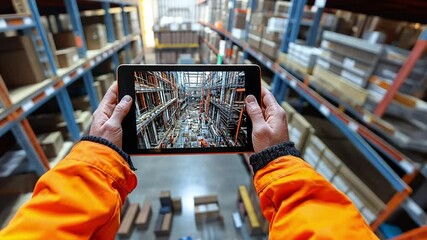 Poster - Worker capturing warehouse activity with tablet in high-resolution view
