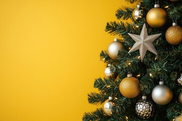 Wall Mural - christmas tree decorated with gold and silver ornaments on yellow background