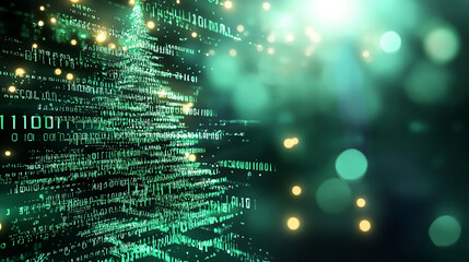 Futuristic technological digital background illustration, abstract shape of a Christmas tree created with vibrant blue and green binaries with coding in dark background, blank copy space at side  