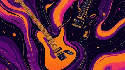 Poster - Abstract design featuring electric guitars in vibrant colors and swirling patterns.