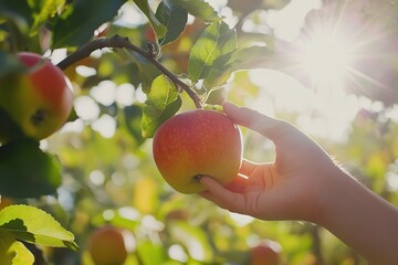 Wall Mural - Farmer picking sweet ripe apple from tree branch