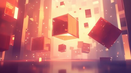Poster - Abstract scene with floating cubes in a luminous environment.