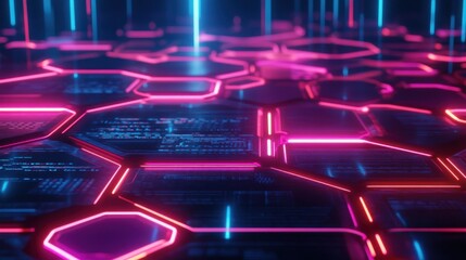 Poster - A futuristic digital landscape with hexagonal patterns and glowing neon lights.