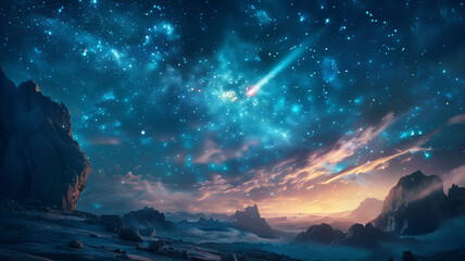 Wall Mural - a majestic starry night sky with a bright comet streaking across, illuminating the cosmic landscape 