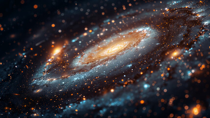 Wall Mural - bright and detailed view of a spiral galaxy with glowing orange and blue hues, surrounded by countle