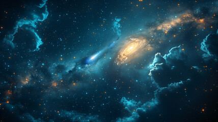 Wall Mural - a comet streaks through starlit skies above swirling clouds and a serene mountainous horizon.