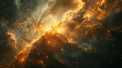 Wall Mural - golden cosmic nebula with forming stars surrounded by intricate gas clouds in the universe.