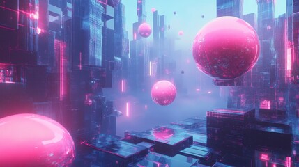 Poster - A vibrant digital landscape featuring floating spheres and futuristic structures.