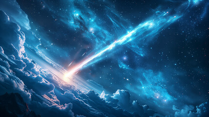 Wall Mural - a dramatic celestial scene showcasing a comet's radiant trail cutting through a backdrop of swirling