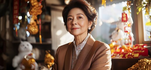 A poised woman in an ornate setting, surrounded by cultural decorations.