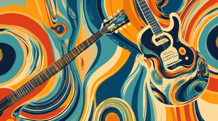 Poster - Abstract design featuring guitars with vibrant swirls and colors, celebrating music and creativity.