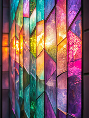 Wall Mural - Vibrant stained glass window with colorful geometric patterns.