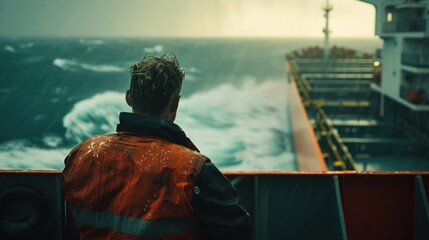 Poster - A seasoned captain confidently maneuvering a large container ship through rough waters showcasing their years of expertise and training.