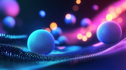 Poster - Abstract visualization of spheres on a dynamic surface with vibrant colors and lights.