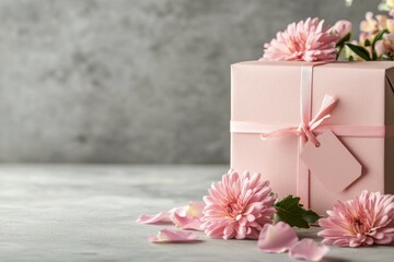 Wall Mural - Gift box decorated with flowers on a light background, perfect for a special occasion