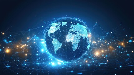 Poster - A digital representation of Earth connected by networks of light, symbolizing global connectivity.