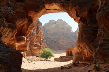 Wall Mural - Arched rock formation revealing a desert landscape at midday