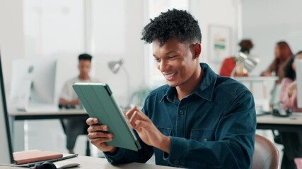 Fototapete - Browsing, coworking and man with tablet, research and happy for programming tutorial, online and digital. Creative, scroll and planning for project, app and software engineer for ecommerce in office
