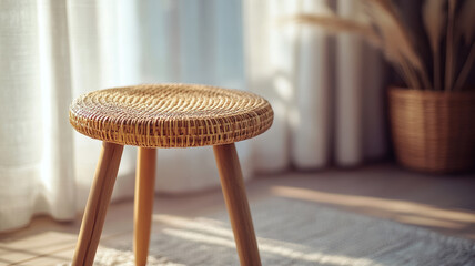 A wooden stool with woven seat in natural sunlight.