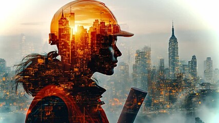 Poster - Urban construction worker silhouette against a city skyline at sunset with vibrant reflections