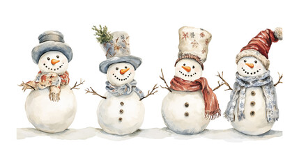 snowman cartoon watercolor illustration collection isolated on white background. cheerful snowmen in