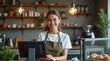 © nitinshankhwar - Portrait of Young Woman Working in Café with Modern POS System – High-Quality 4K Photography. Cheerful Barista at Coffee Shop Counter Using Touchscreen POS Terminal.