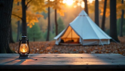 Wall Mural - A empty wooden table in the foreground with a tent and trees in the blurred background, suggesting an outdoor camping scene in a forest