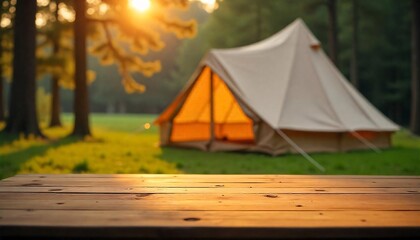 Wall Mural - A empty wooden table in the foreground with a tent and trees in the blurred background, suggesting an outdoor camping scene in a forest