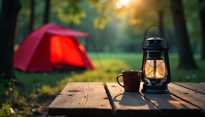 Wall Mural - A empty wooden table in the foreground with a tent and trees in the blurred background, suggesting an outdoor camping scene in a forest