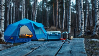 a empty wooden table in the foreground with a tent and trees in the blurred background, suggesting a