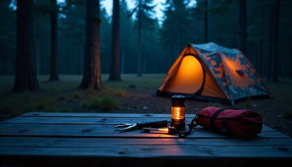 Wall Mural - A empty wooden table in the foreground with a tent and trees in the blurred background, suggesting an outdoor camping scene in a forest