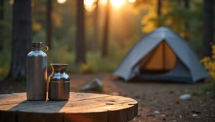Wall Mural - A empty wooden table in the foreground with a tent and trees in the blurred background, suggesting an outdoor camping scene in a forest