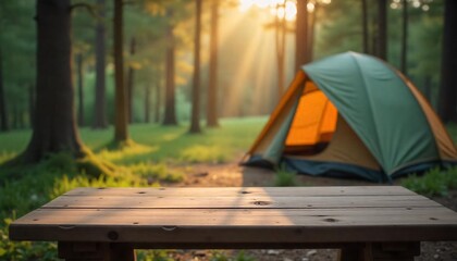 Wall Mural - A empty wooden table in the foreground with a tent and trees in the blurred background, suggesting an outdoor camping scene in a forest