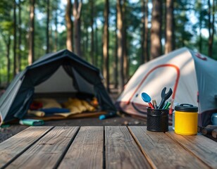 Wall Mural - A empty wooden table in the foreground with a tent and trees in the blurred background, suggesting an outdoor camping scene in a forest