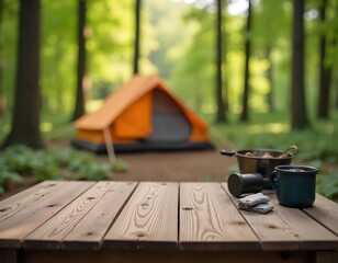Wall Mural - A empty wooden table in the foreground with a tent and trees in the blurred background, suggesting an outdoor camping scene in a forest