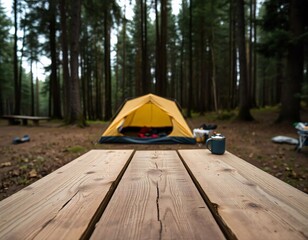 Wall Mural - A empty wooden table in the foreground with a tent and trees in the blurred background, suggesting an outdoor camping scene in a forest