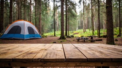 Wall Mural - A empty wooden table in the foreground with a tent and trees in the blurred background, suggesting an outdoor camping scene in a forest