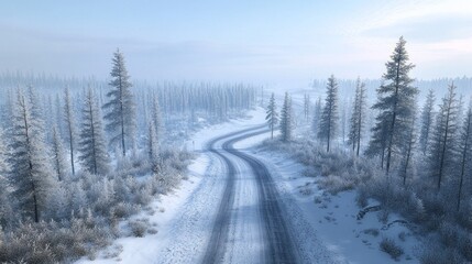 Poster - A serene winter landscape featuring a winding road nestled among tall evergreen trees blanketed in fresh snow. The soft light of dawn illuminates the frosty scene, creating a tranquil atmosphere