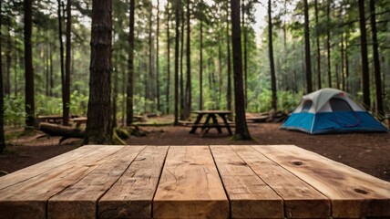 Wall Mural - A empty wooden table in the foreground with a tent and trees in the blurred background, suggesting an outdoor camping scene in a forest