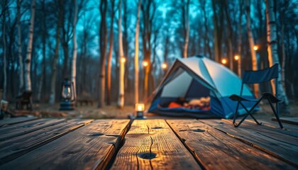 Wall Mural - A empty wooden table in the foreground with a tent and trees in the blurred background, suggesting an outdoor camping scene in a forest